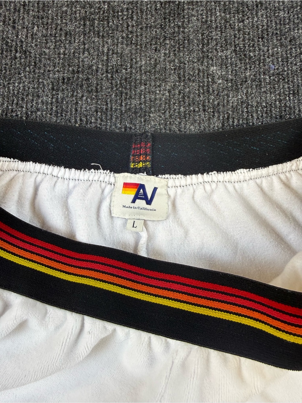 Aviator Nation White Lounge Shorts with Black Rainbow Stripe Waistband - Picture 6 of 7